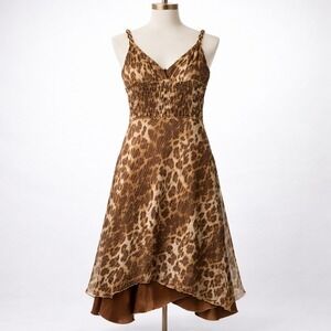 Y2K Zola 100% Silk Leopard Print Slip Midi Dress Gold Brown M Boho Indie Maximal